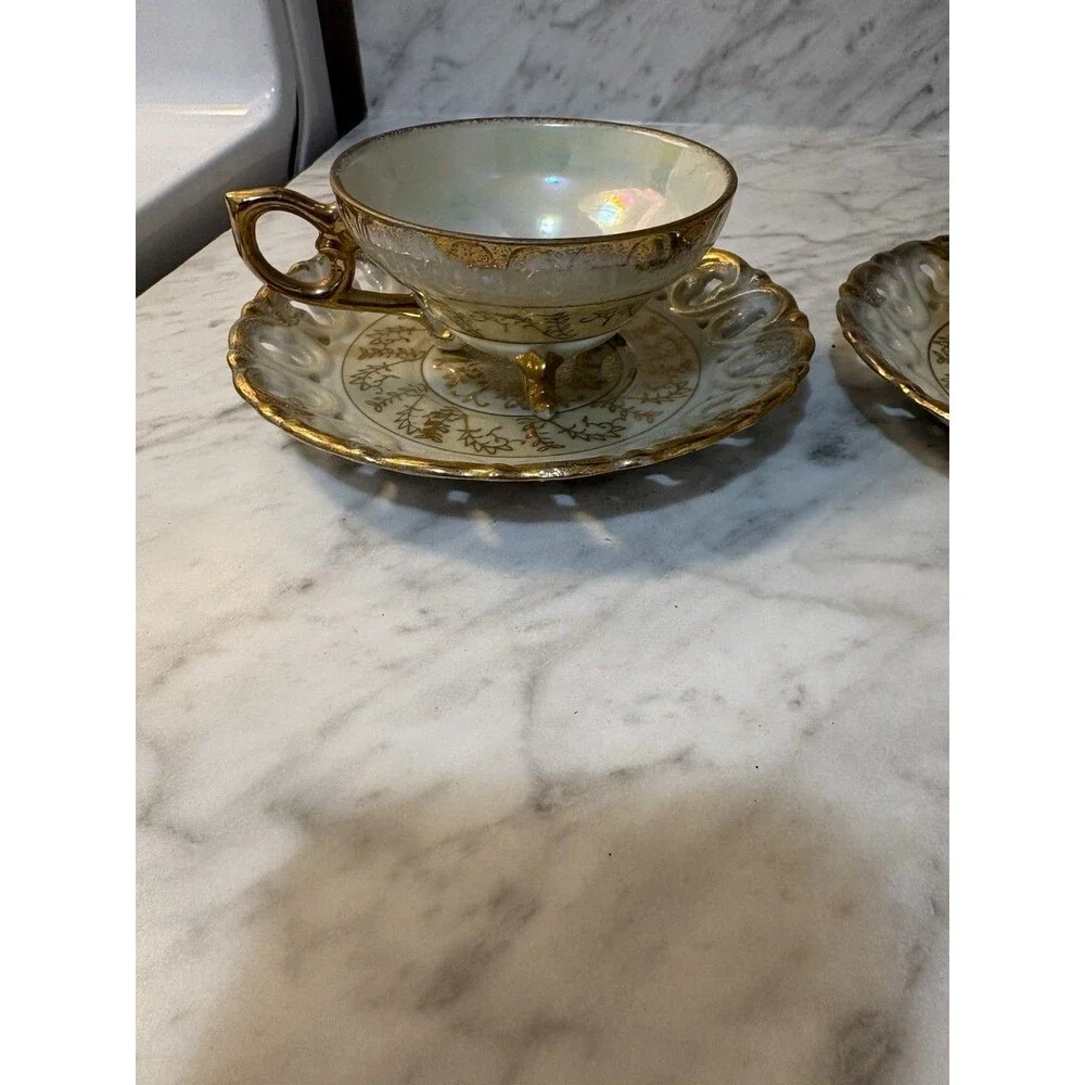 Set of 2 Vintage Yamato Lusterware Tea Cups & Pierced Saucers